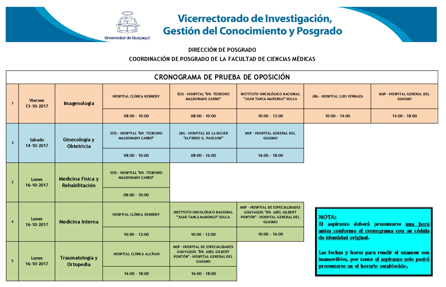 Calendario Fase de Oposición – Concurso de Méritos y Oposición para acceder a los Programas de Especializaciones Médicas 2017